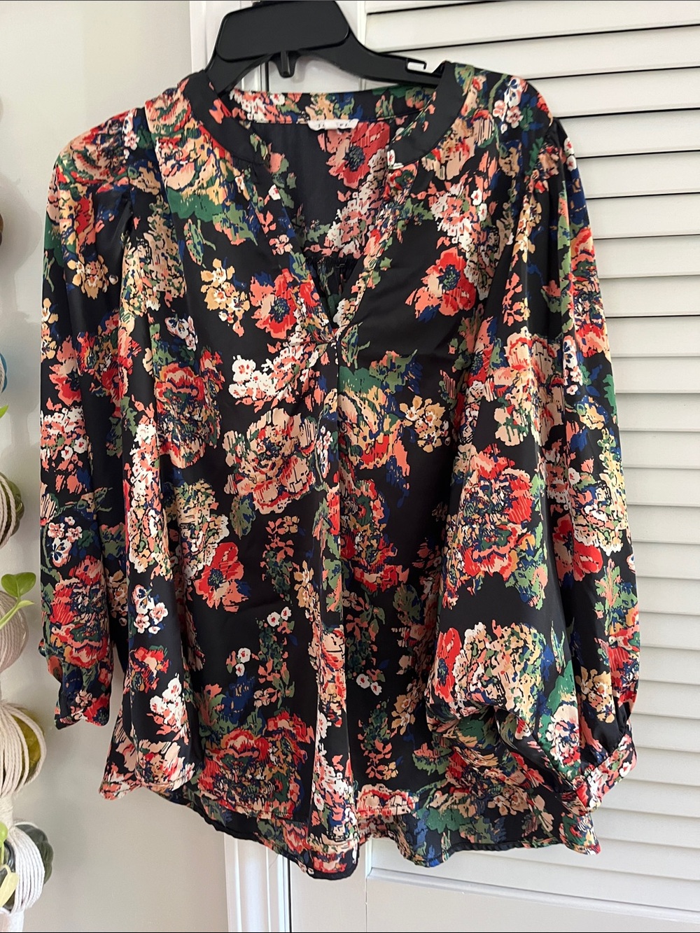 Floral Black V-Neck Blouse - Multicolor Floral Print